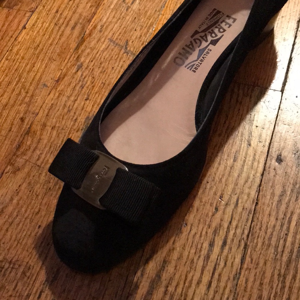 Ferragamo Black Suede Low Buckle Pump 9 1/2 B